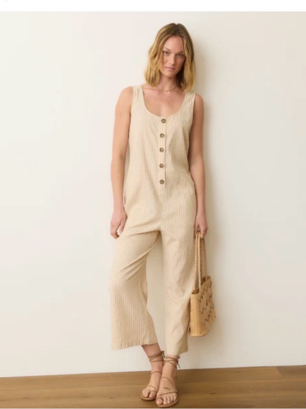 Marine Layer Beige Button-Front Cropped Wide-Leg Jumpsuit